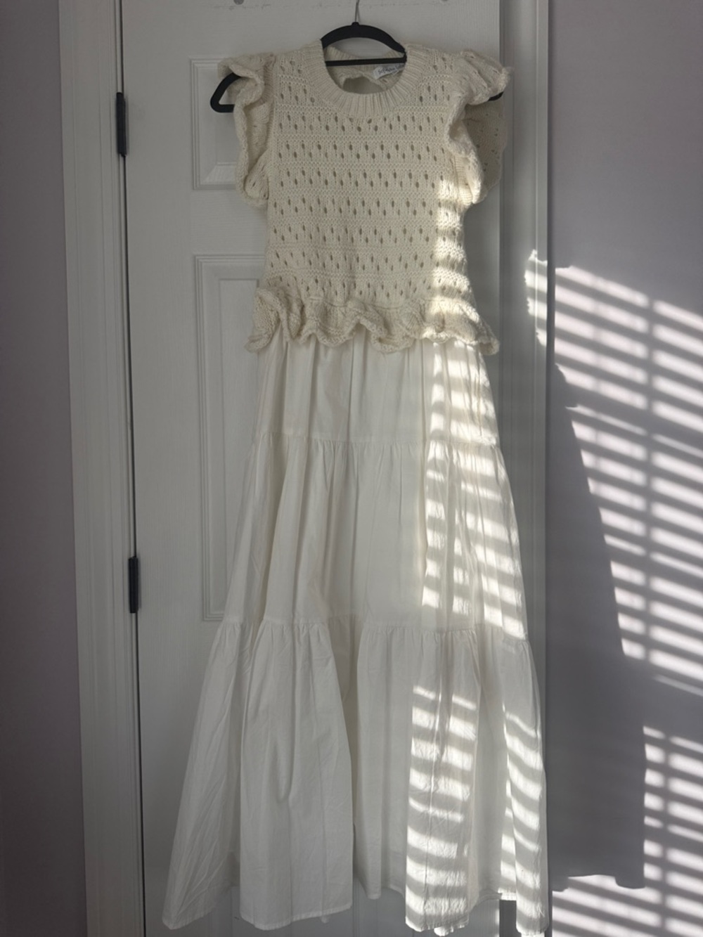 Women's Cream Knit Ruffle Top Maxi Dress